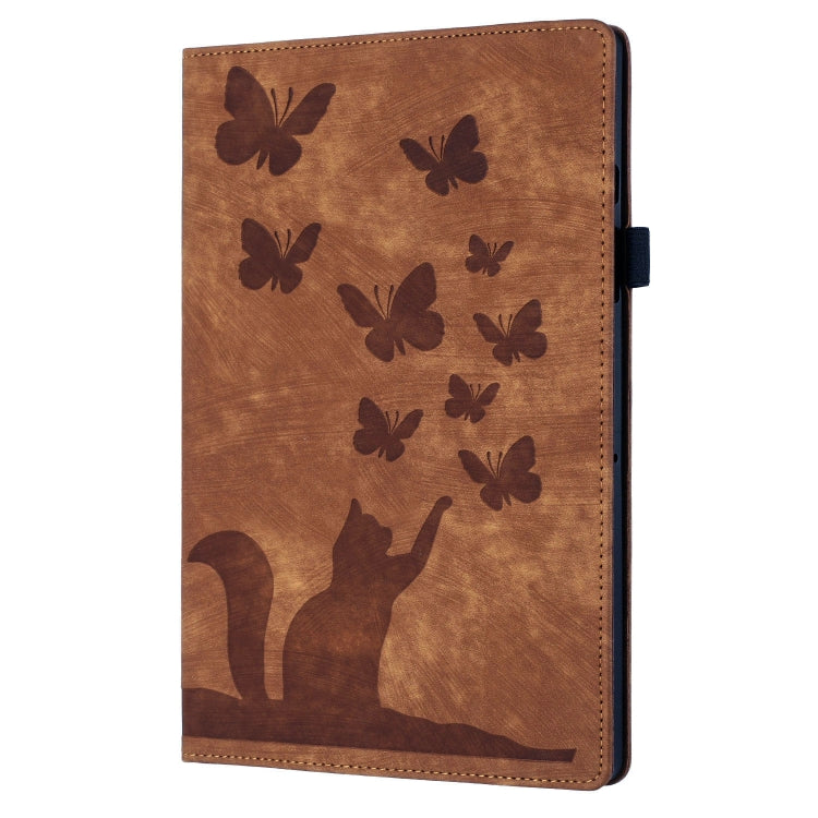 For iPad Air 11 2024 / Pro 11 2021 / 2020 Butterfly Cat Embossing Leather Tablet Case(Brown)