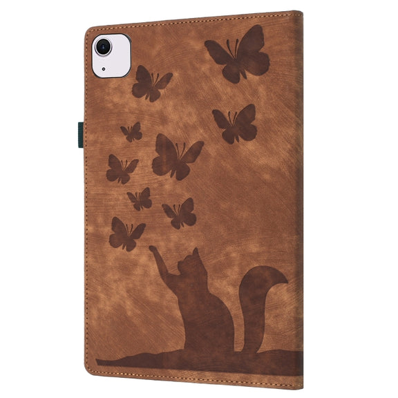 For iPad Air 11 2024 / Pro 11 2021 / 2020 Butterfly Cat Embossing Leather Tablet Case(Brown)