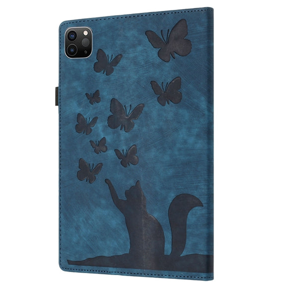For iPad Pro 11 2024 Butterfly Cat Embossing Leather Tablet Case(Dark Blue)