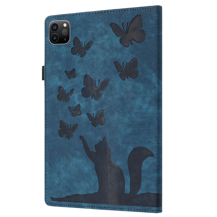 For iPad Pro 11 2024 Butterfly Cat Embossing Leather Tablet Case(Dark Blue)