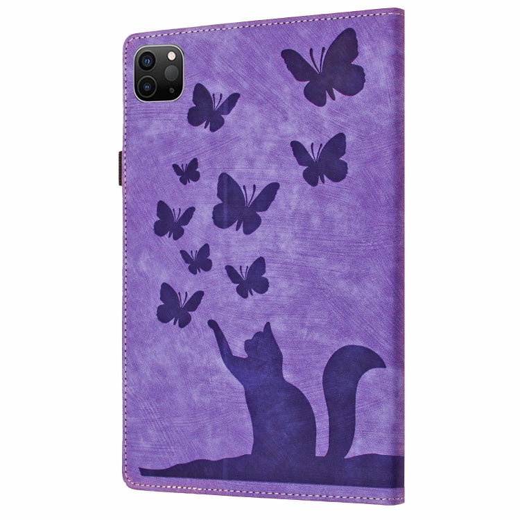 For iPad Pro 13 2024 Butterfly Cat Embossing Leather Tablet Case(Purple)