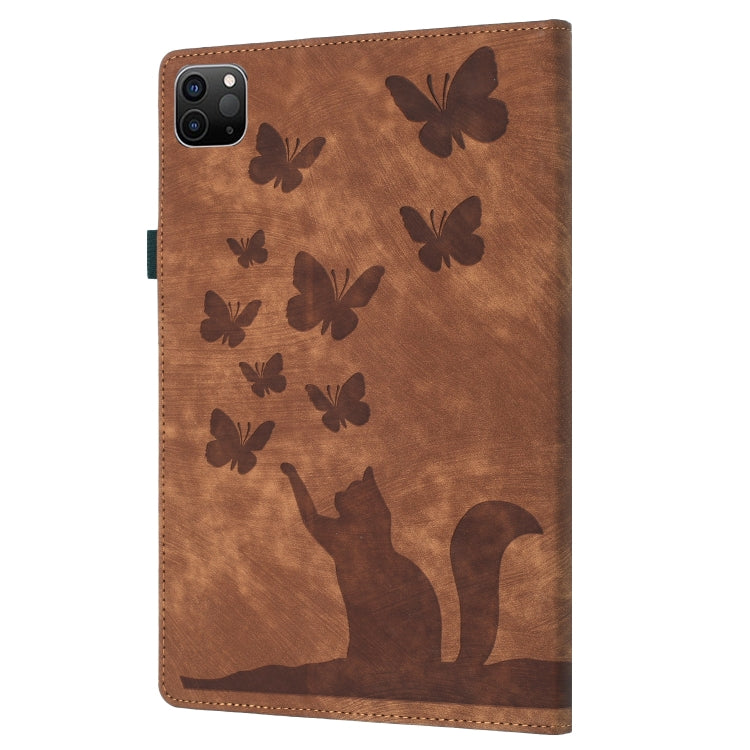 For iPad Pro 13 2024 Butterfly Cat Embossing Leather Tablet Case(Brown)