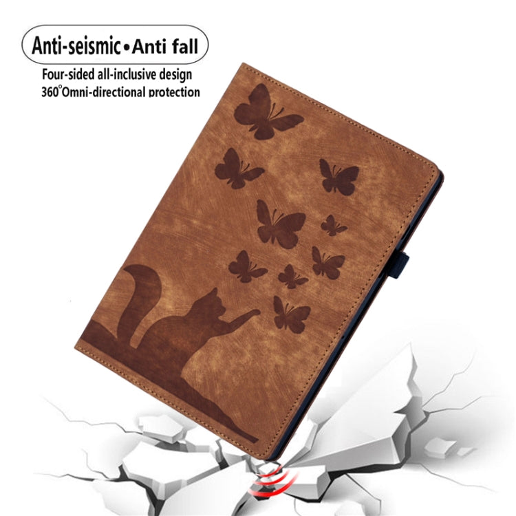For iPad Pro 13 2024 Butterfly Cat Embossing Leather Tablet Case(Brown)
