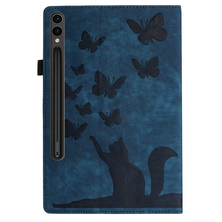 For Samsung Galaxy Tab S9 Ultra / S8 Ultra Butterfly Cat Embossing Leather Tablet Case(Dark Blue)
