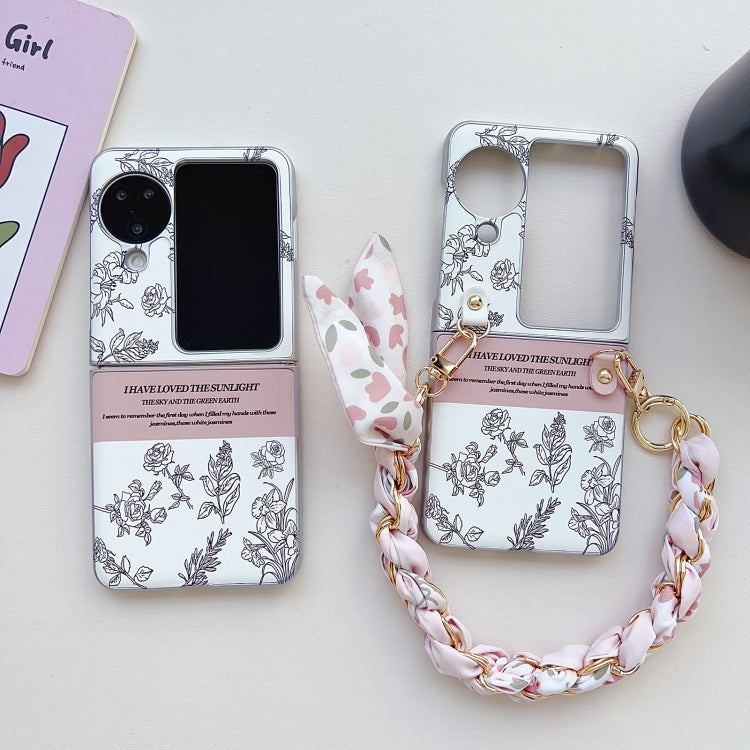 For OPPO Find N3 Flip Pearlescent Paint Painted PC Phone Case with DIY Scarf Bracelet(Sketch Flower)