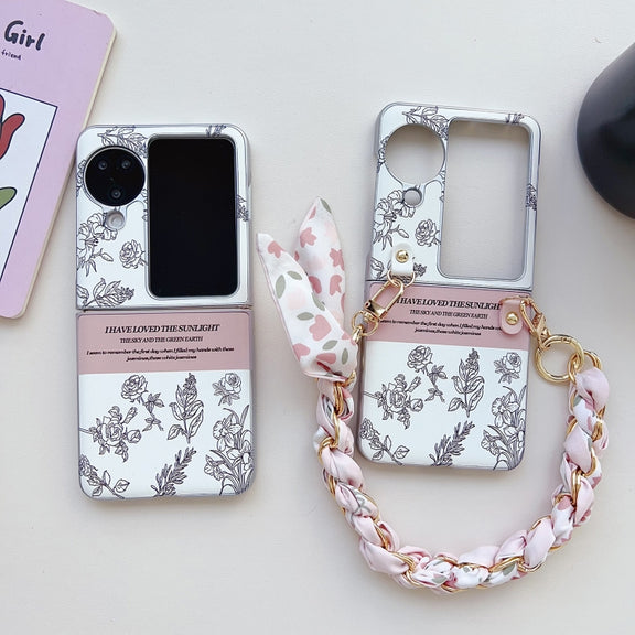 For OPPO Find N3 Flip Pearlescent Paint Painted PC Phone Case with DIY Scarf Bracelet(Sketch Flower)