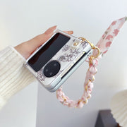 For OPPO Find N2 Flip Pearlescent Paint Painted PC Phone Case with DIY Scarf Bracelet(Sketch Flower)