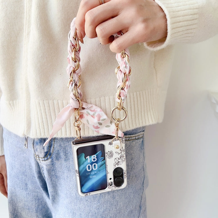 For OPPO Find N2 Flip Pearlescent Paint Painted PC Phone Case with DIY Scarf Bracelet(Sketch Flower)