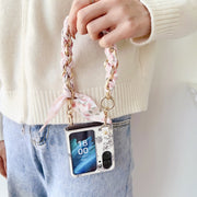 For OPPO Find N2 Flip Pearlescent Paint Painted PC Phone Case with DIY Scarf Bracelet(Sketch Flower)