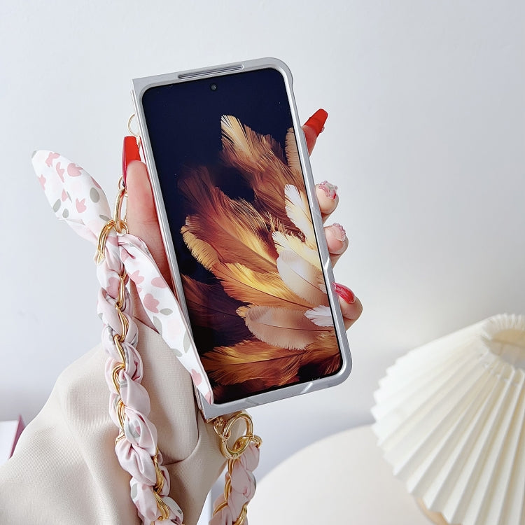For OPPO Find N3 Pearlescent Paint Painted PC Phone Case with DIY Scarf Bracelet(Sketch Flower)