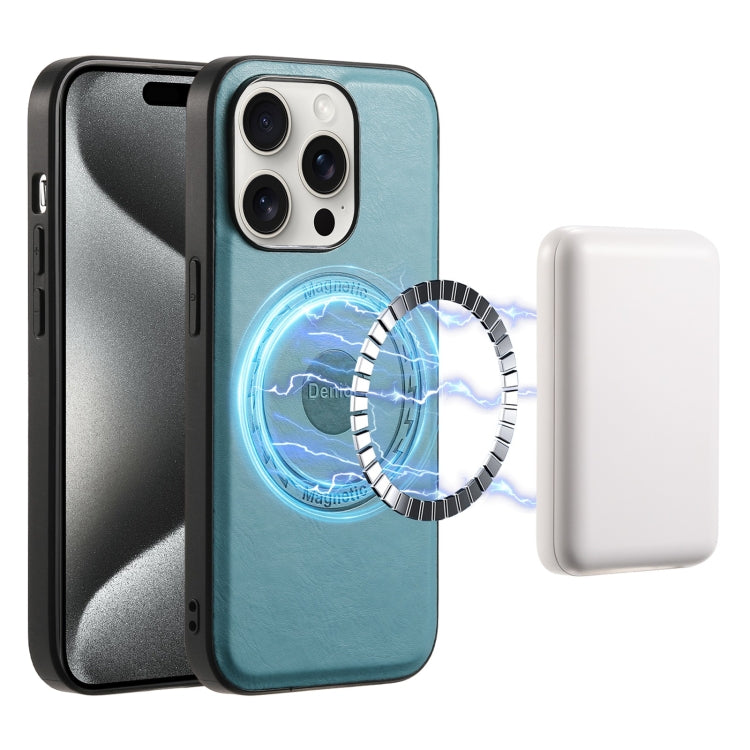 For iPhone 15 Pro Max Denior Cowhide Texture Leather MagSafe Phone Case(Blue)