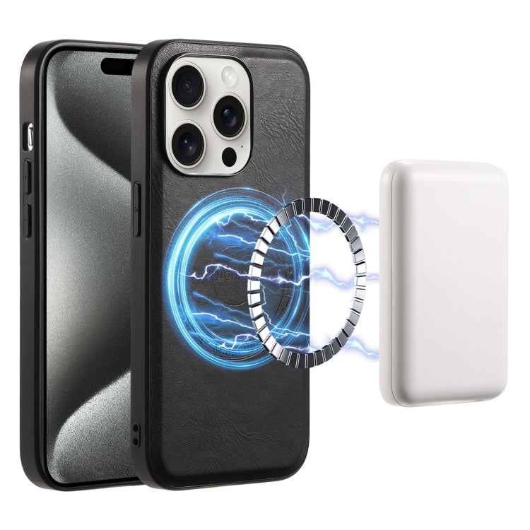 For iPhone 15 Pro Denior Cowhide Texture Leather MagSafe Phone Case(Black)