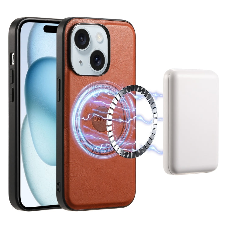 For iPhone 15 Plus Denior Cowhide Texture Leather MagSafe Phone Case(Brown)