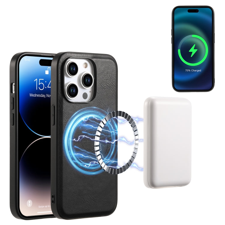 For iPhone 15 Denior Cowhide Texture Leather MagSafe Phone Case(Black)