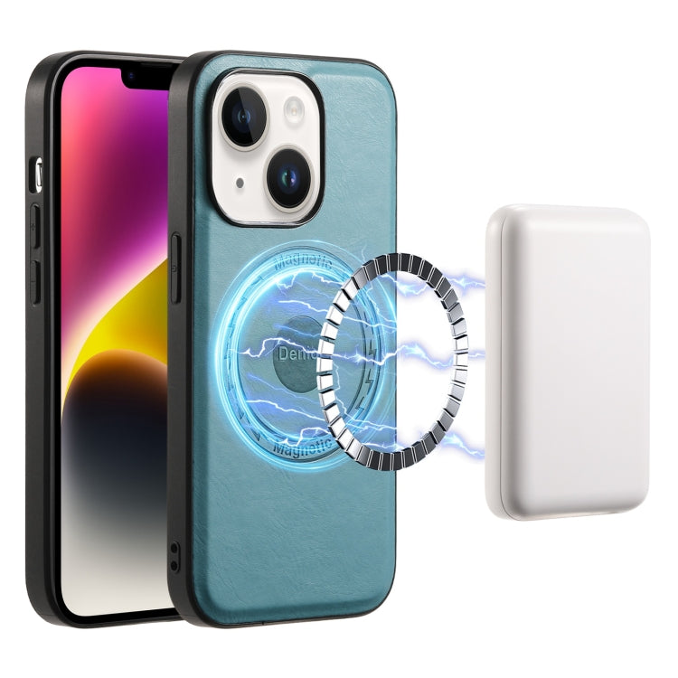 For iPhone 14 Plus Denior Cowhide Texture Leather MagSafe Phone Case(Blue)