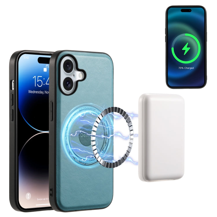 For iPhone 16 Denior Cowhide Texture Leather MagSafe Phone Case(Blue)