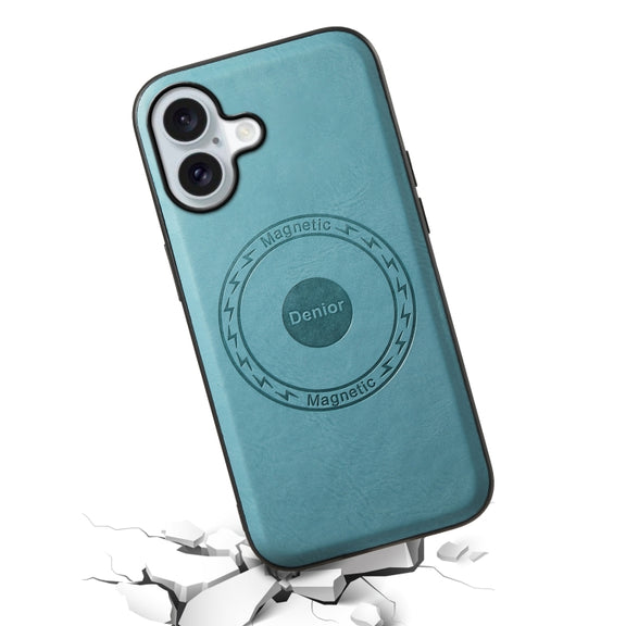 For iPhone 16 Denior Cowhide Texture Leather MagSafe Phone Case(Blue)