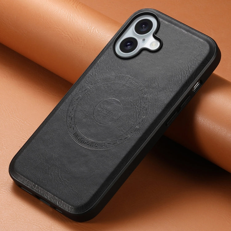 For iPhone 16 Denior Cowhide Texture Leather MagSafe Phone Case(Black)