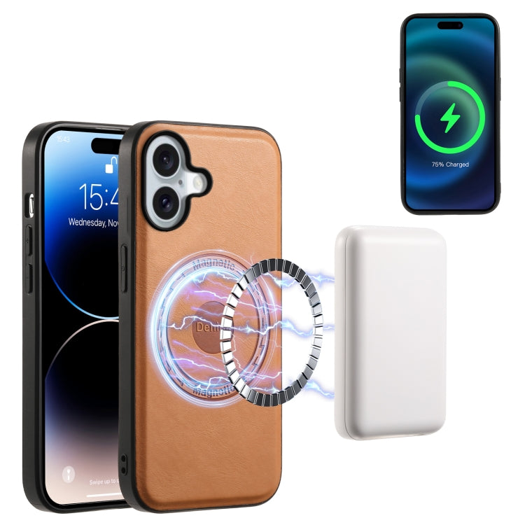 For iPhone 16 Denior Cowhide Texture Leather MagSafe Phone Case(Khaki)