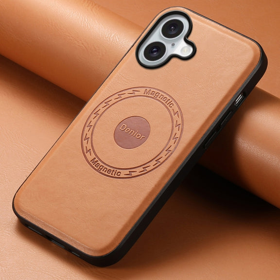 For iPhone 16 Denior Cowhide Texture Leather MagSafe Phone Case(Khaki)