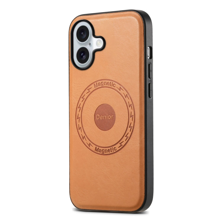 For iPhone 16 Denior Cowhide Texture Leather MagSafe Phone Case(Khaki)