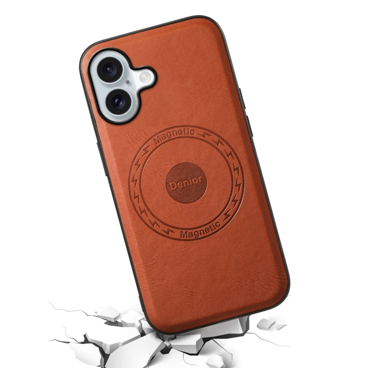 For iPhone 16 Denior Cowhide Texture Leather MagSafe Phone Case(Brown)
