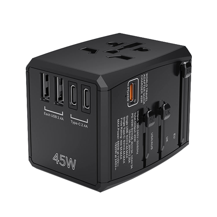 HHT905 PD 45W Dual USB+Dual Type-C Interface Multi-function Universal Travel Conversion Plug(Black)