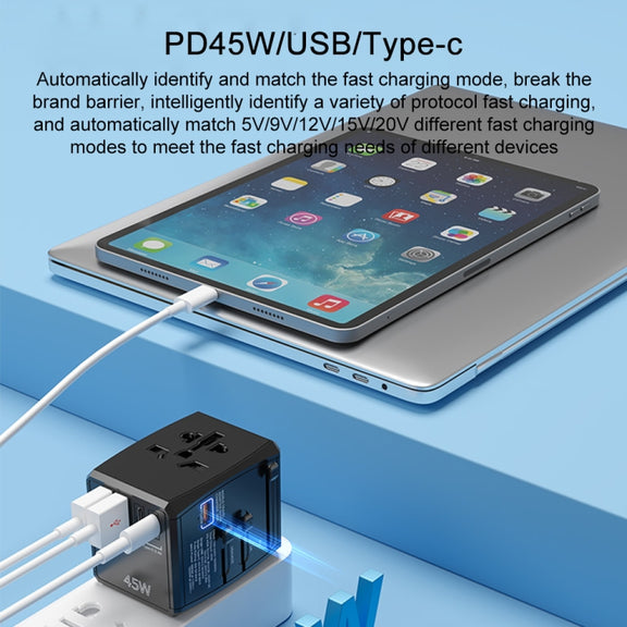 HHT905 PD 45W Dual USB+Dual Type-C Interface Multi-function Universal Travel Conversion Plug(Black)