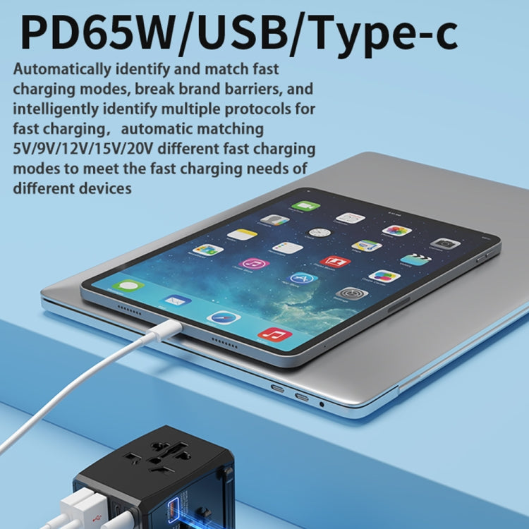 HHT905 PD 65W Dual USB+Dual Type-C Interface Multi-function Universal Travel Conversion Plug(Black)