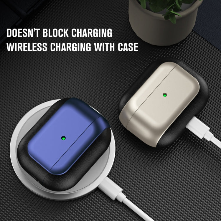 For AirPods Pro Electroplated Leather Texture Wireless Earphones Protective Case(Navy Blue)