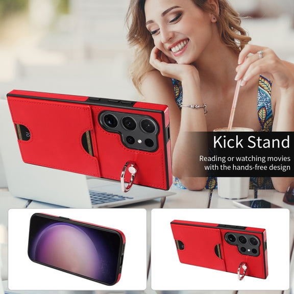 For Samsung Galaxy S24 Ultra 5G Calf Texture Card Slot Ring Holder Phone Case(Red)