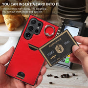 For Samsung Galaxy S24 Ultra 5G Calf Texture Card Slot Ring Holder Phone Case(Red)