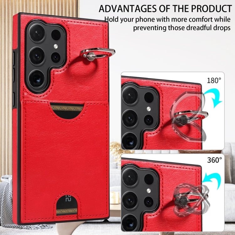 For Samsung Galaxy S24 Ultra 5G Calf Texture Card Slot Ring Holder Phone Case(Red)
