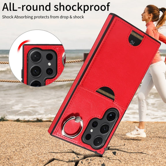 For Samsung Galaxy S24 Ultra 5G Calf Texture Card Slot Ring Holder Phone Case(Red)