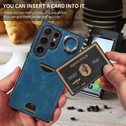 For Samsung Galaxy S24 Ultra 5G Calf Texture Card Slot Ring Holder Phone Case(Blue)