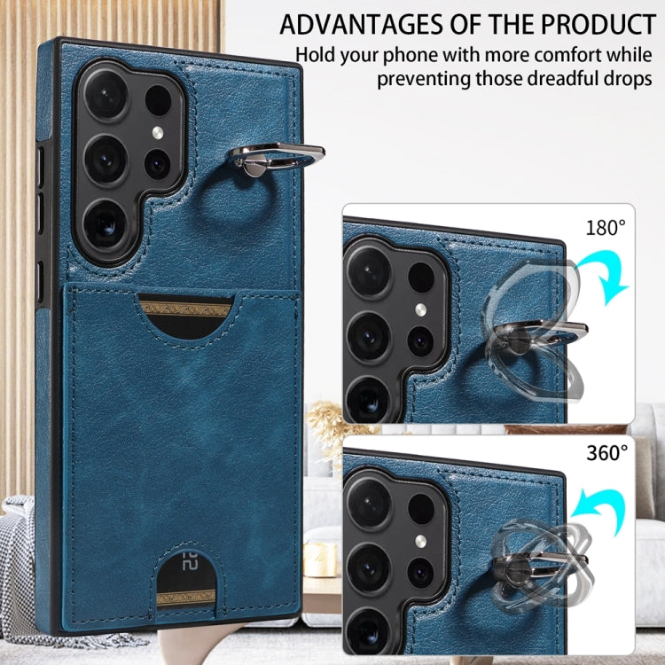For Samsung Galaxy S24 Ultra 5G Calf Texture Card Slot Ring Holder Phone Case(Blue)