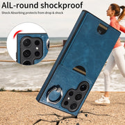 For Samsung Galaxy S24 Ultra 5G Calf Texture Card Slot Ring Holder Phone Case(Blue)