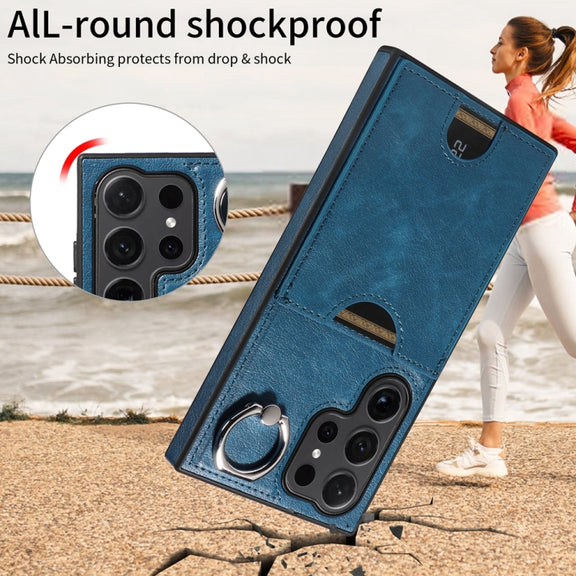 For Samsung Galaxy S24 Ultra 5G Calf Texture Card Slot Ring Holder Phone Case(Blue)