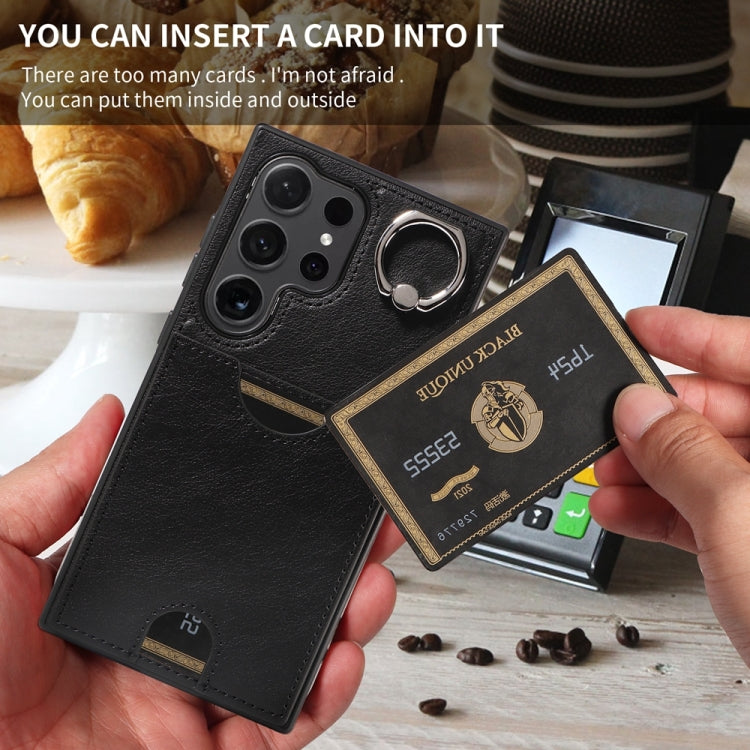 For Samsung Galaxy S24 Ultra 5G Calf Texture Card Slot Ring Holder Phone Case(Black)