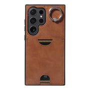 For Samsung Galaxy S24 Ultra 5G Calf Texture Card Slot Ring Holder Phone Case(Brown)