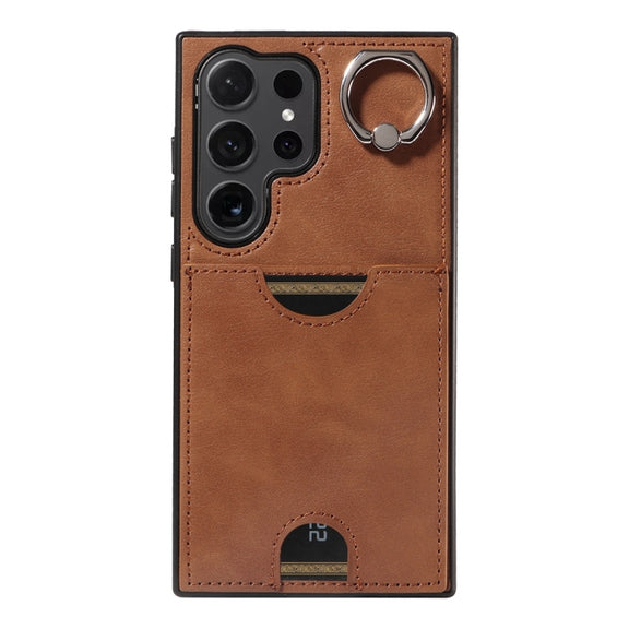For Samsung Galaxy S24 Ultra 5G Calf Texture Card Slot Ring Holder Phone Case(Brown)