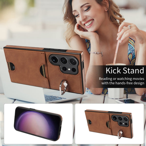 For Samsung Galaxy S24 Ultra 5G Calf Texture Card Slot Ring Holder Phone Case(Brown)