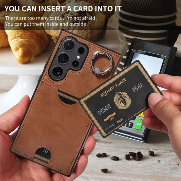 For Samsung Galaxy S24 Ultra 5G Calf Texture Card Slot Ring Holder Phone Case(Brown)