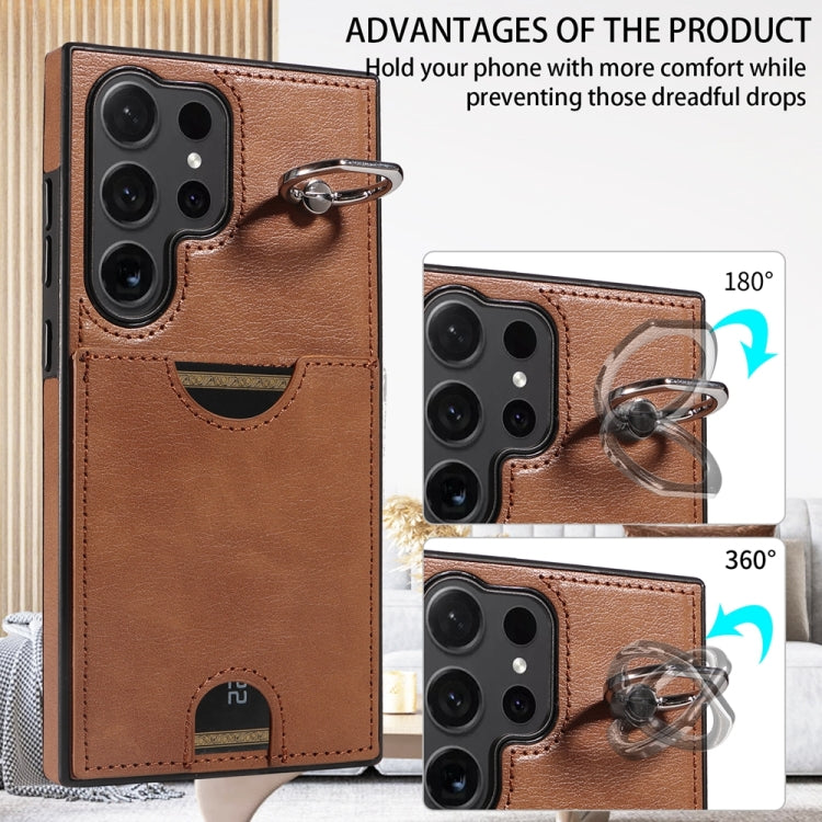 For Samsung Galaxy S24 Ultra 5G Calf Texture Card Slot Ring Holder Phone Case(Brown)