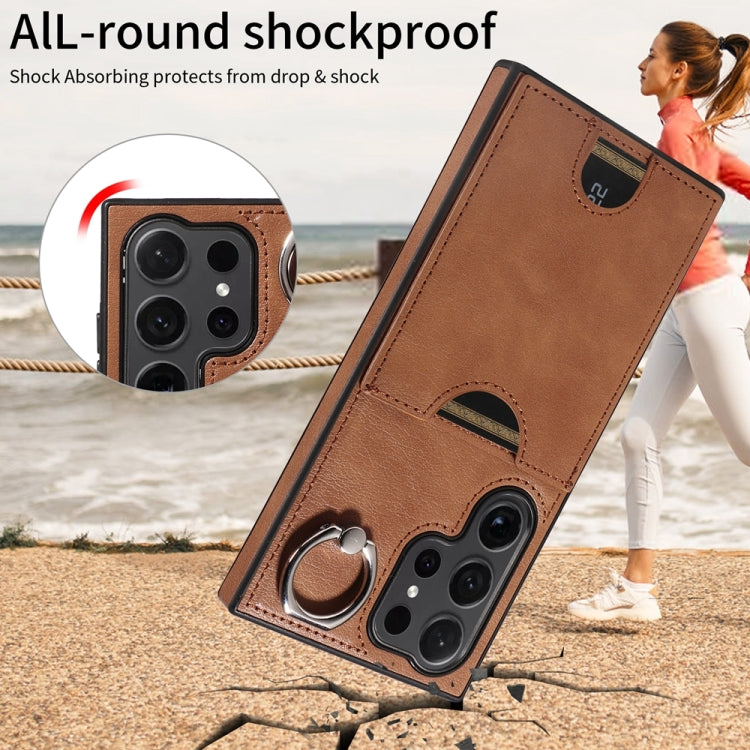 For Samsung Galaxy S24 Ultra 5G Calf Texture Card Slot Ring Holder Phone Case(Brown)