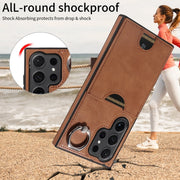 For Samsung Galaxy S24 Ultra 5G Calf Texture Card Slot Ring Holder Phone Case(Brown)