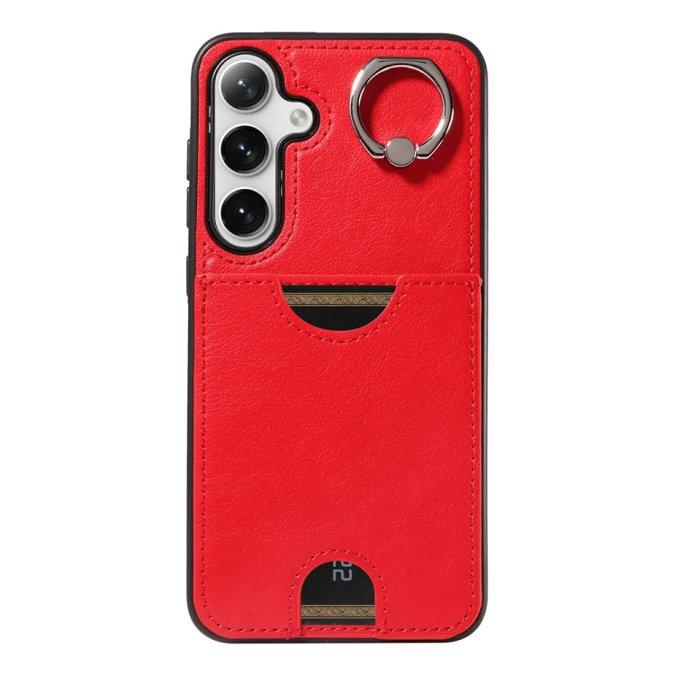 For Samsung Galaxy S24+ 5G Calf Texture Card Slot Ring Holder Phone Case(Red)