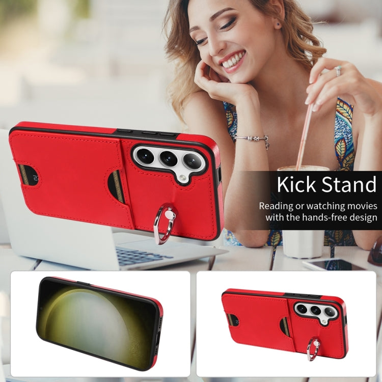 For Samsung Galaxy S24+ 5G Calf Texture Card Slot Ring Holder Phone Case(Red)