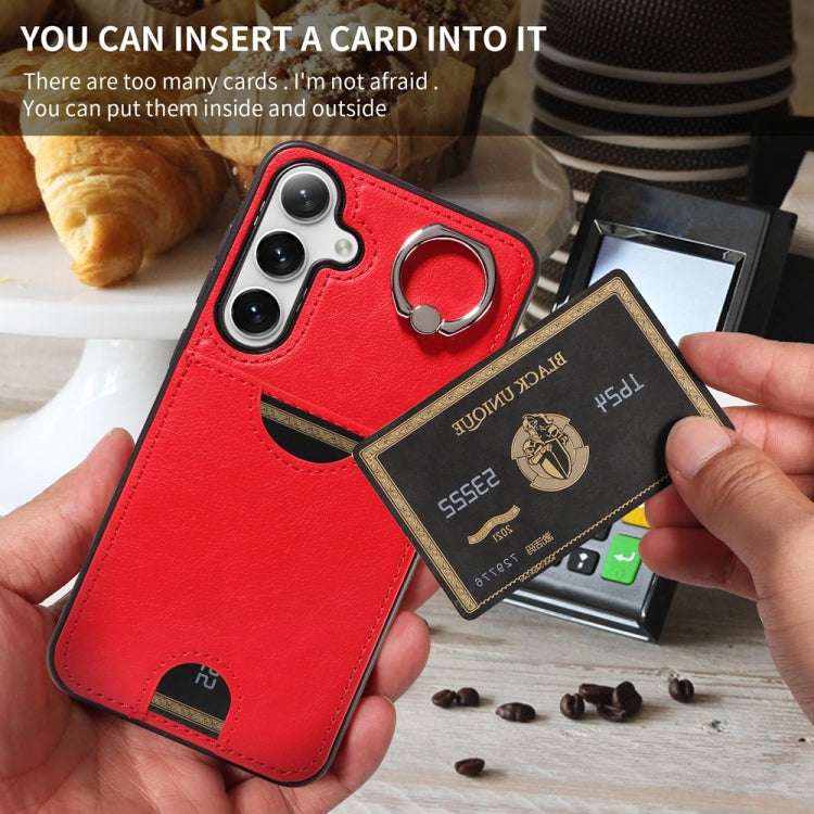 For Samsung Galaxy S24+ 5G Calf Texture Card Slot Ring Holder Phone Case(Red)