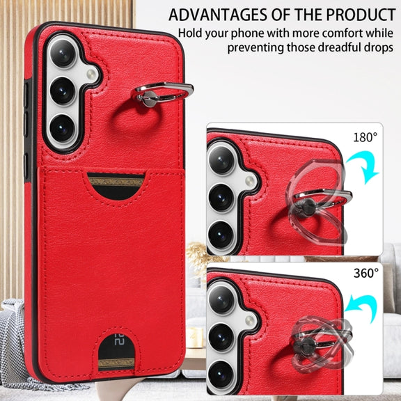 For Samsung Galaxy S24+ 5G Calf Texture Card Slot Ring Holder Phone Case(Red)
